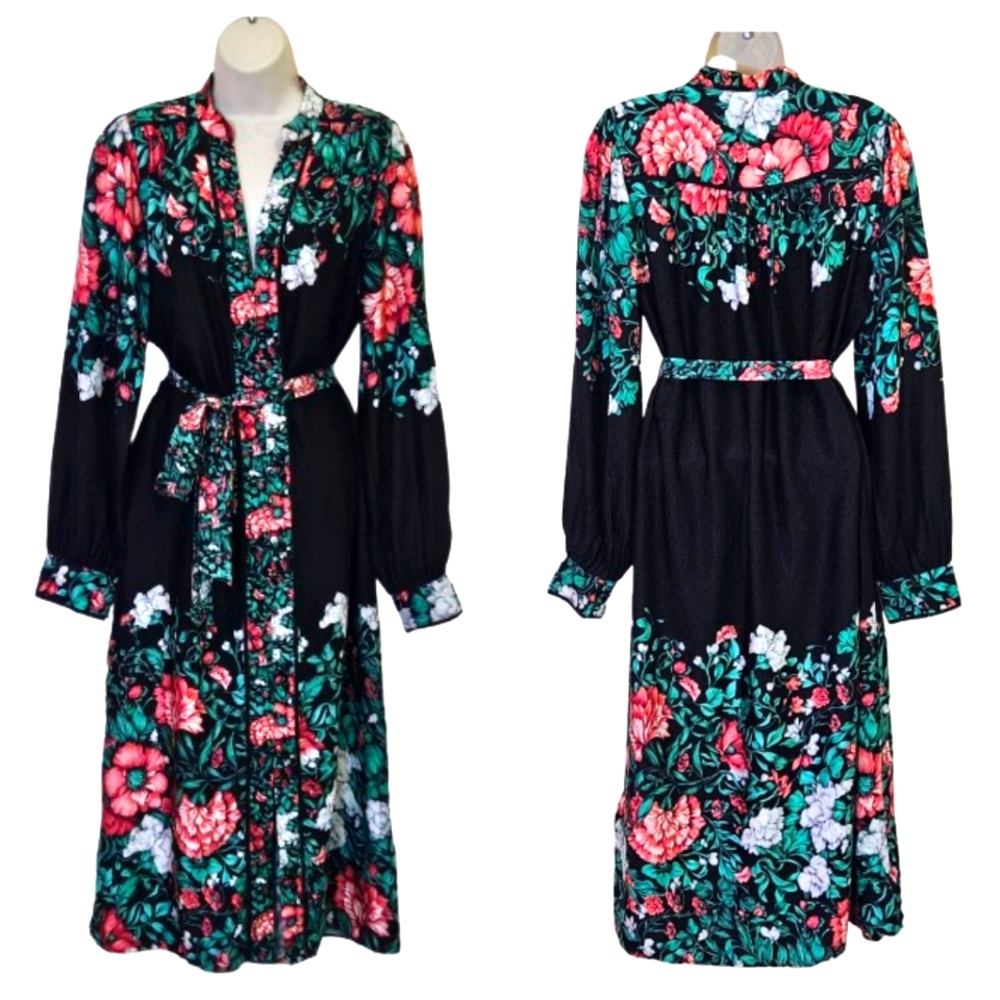 Anthropologie Black Multi-Color Floral Button Front Midi Shirt Dress,Medium